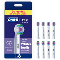 Oral-B PRO 3D White brush head refills, pack of 8, promising 24 months of brilliant clean.