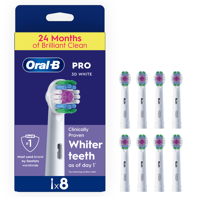 Oral-B PRO 3D White brush head refills, pack of 8, promising 24 months of brilliant clean.