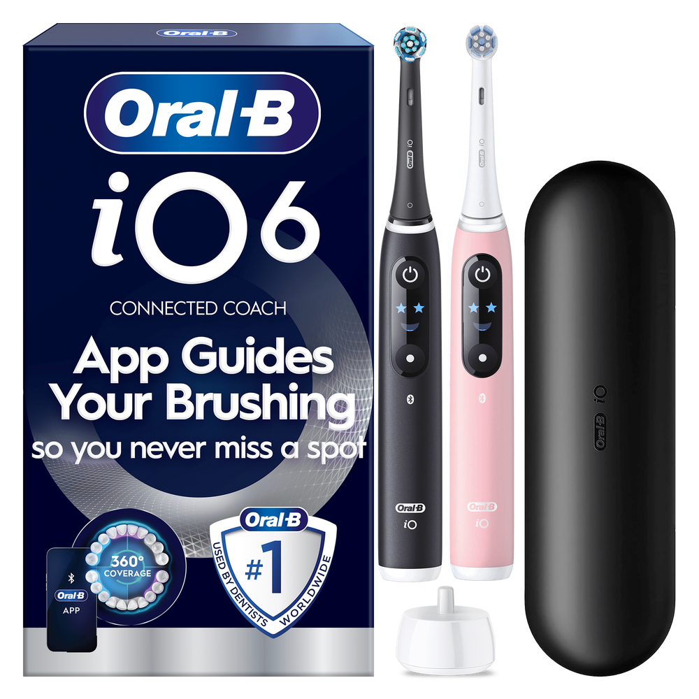 Oral-B iO6 toothbrush packaging, highlighting App Guides Your Brushing so you never miss a spot.