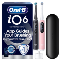 Oral-B iO6 toothbrush packaging, highlighting App Guides Your Brushing so you never miss a spot.