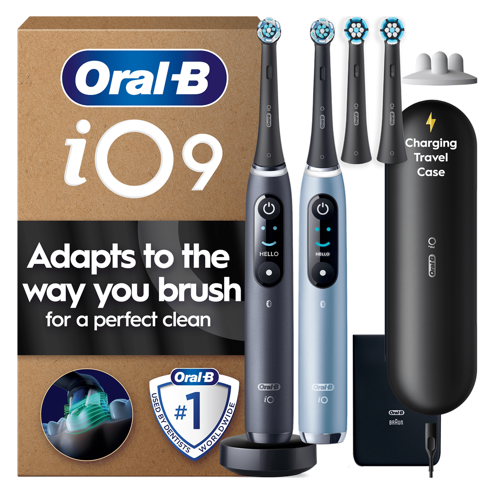 Oral-B iO9 toothbrush packaging highlights the claim that it adapts to the way you brush for a perfect clean.