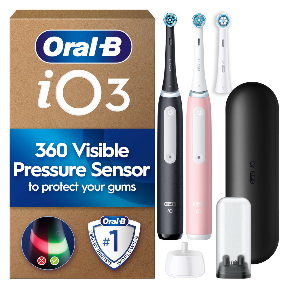 Oral-B iO3 electric toothbrush twin pack with packaging highlighting the 360 Visible Pressure Sensor.