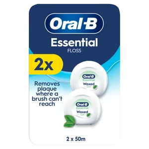 Oral-B Essential Floss, Removes Plaque, Waxed Dental Floss for Tight Spaces, Shred-resistant, Mint, 2x50m Roll