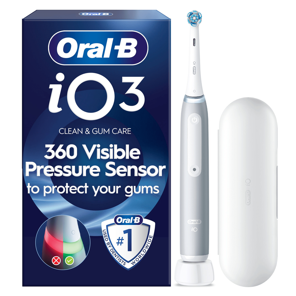 Oral-B iO3 electric toothbrush packaging, highlighting the 360 Visible Pressure Sensor to protect gums