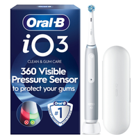 Oral-B iO3 electric toothbrush packaging, highlighting the 360 Visible Pressure Sensor to protect gums