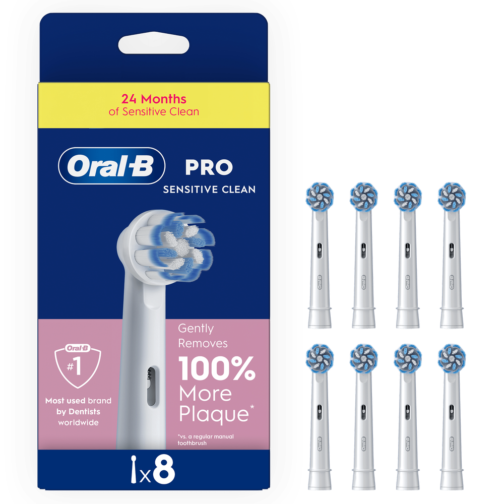 Oral-B PRO Sensitive Clean replacement brush heads packaging, highlighting the claim to gently remove 100% more plaque.