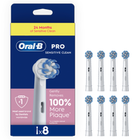 Oral-B PRO Sensitive Clean replacement brush heads packaging, highlighting the claim to gently remove 100% more plaque.