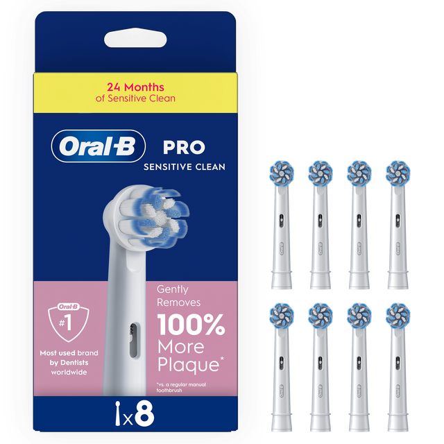 Oral-B PRO Sensitive Clean replacement brush heads packaging, highlighting the claim to gently remove 100% more plaque.