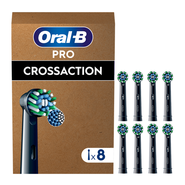 Oral-B Pro Crossaction brush head packaging, showing one brush head with magnified bristles and eight total brush heads included.