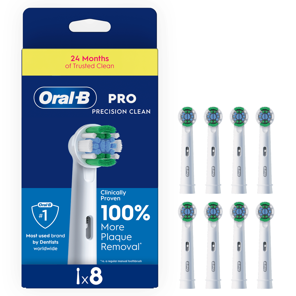 Oral-B PRO Precision Clean brush head refills packaging, highlighting Clinically Proven 100% More Plaque Removal.