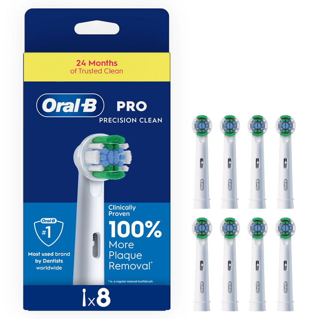 Oral-B PRO Precision Clean brush head refills packaging, highlighting Clinically Proven 100% More Plaque Removal.