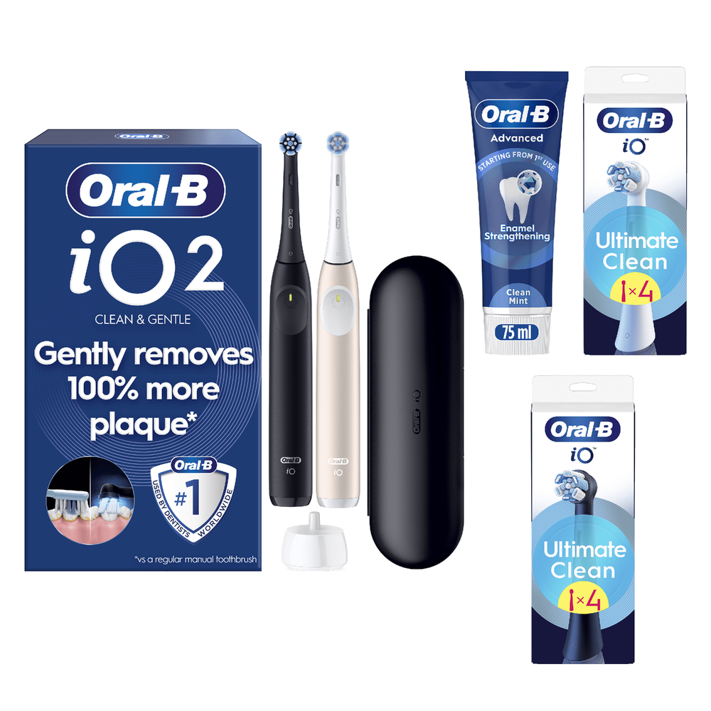 Oral-B iO2 Night Black & Calm Pink Electric Toothbrushes (Duo Pack) + 8Ct + Paste