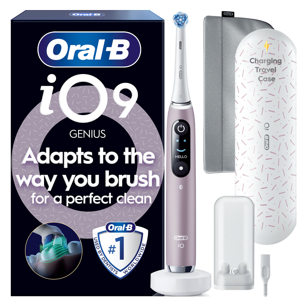 Oral-B iO9 Genius electric toothbrush packaging, highlighting Adapts to the way you brush for a perfect clean and charging travel case.