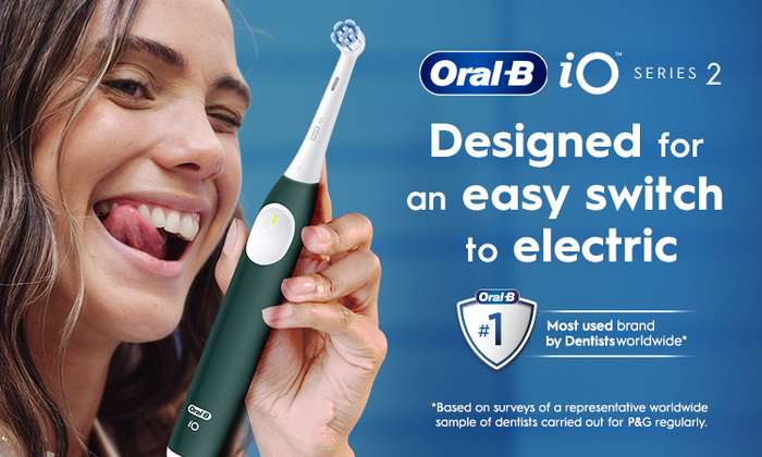 Oral-B iO series 2. Designed for an easy switch to electric. Oral B #1 most used brand by Dentists worldwide *based on surveys of a representative worldwide sample of dentists carried out for P&G regularly